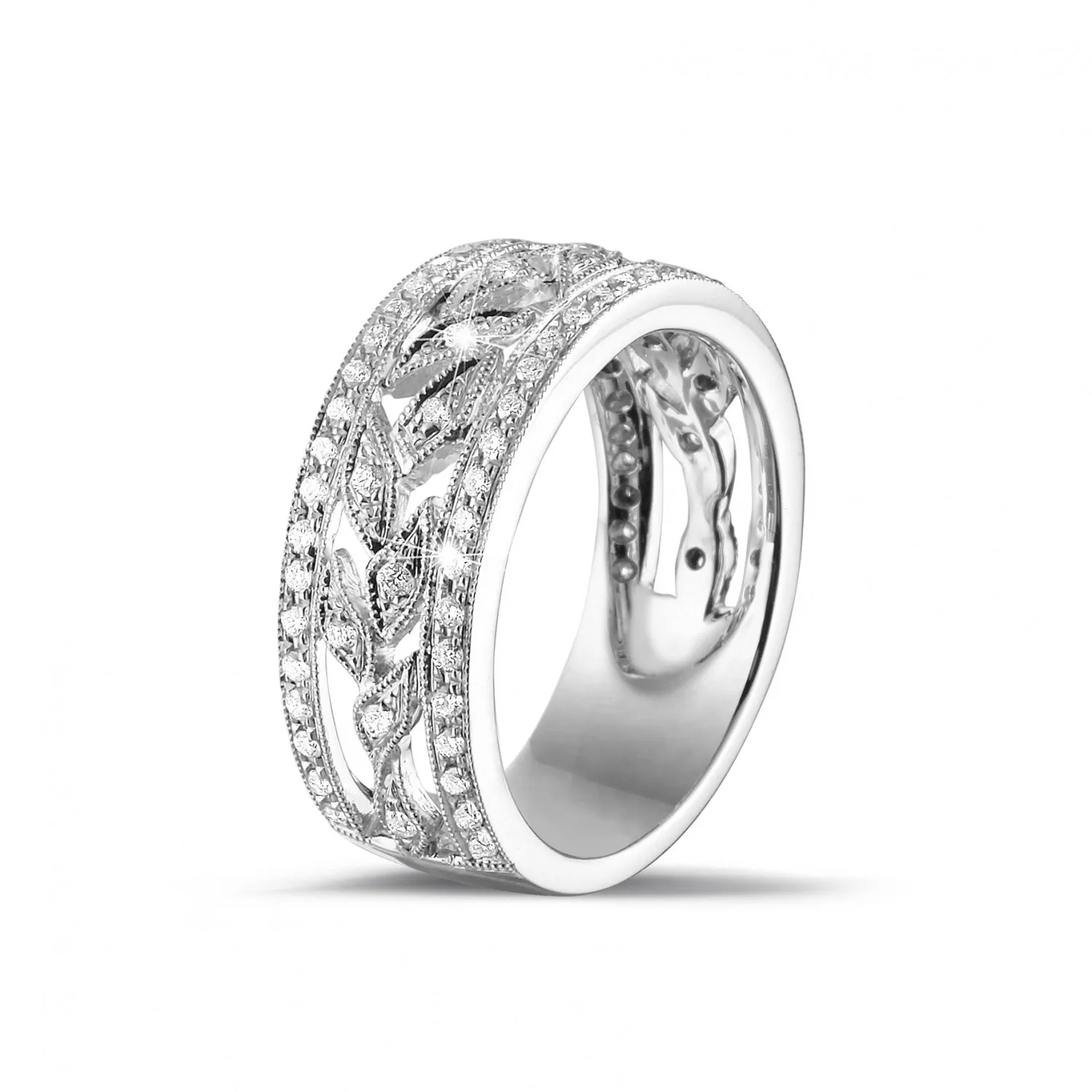 0.35 quilates allianza ancho floral en oro blanco con diamantes redondos 