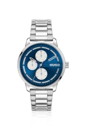 Reloj plateado con esfera azul
