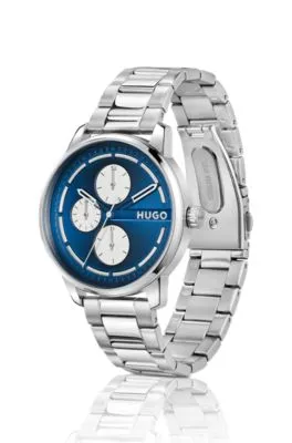 Reloj plateado con esfera azul